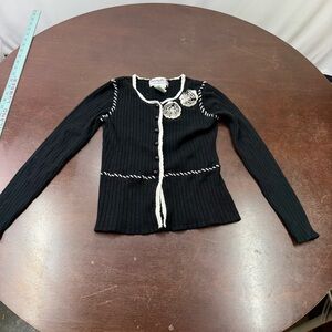 Joseph A. Black Ribbed Cardigan with White Trim